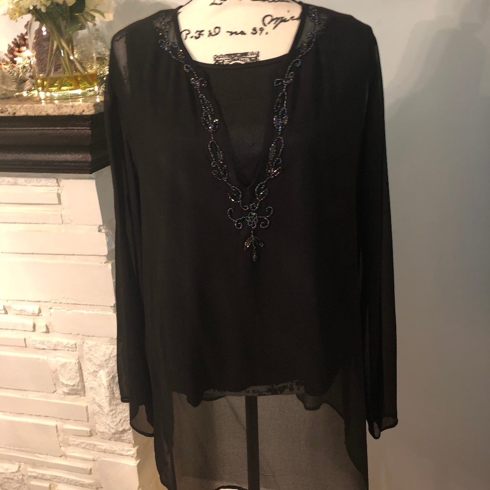 Sheer Black Long Sleeve Top with Hand Beading